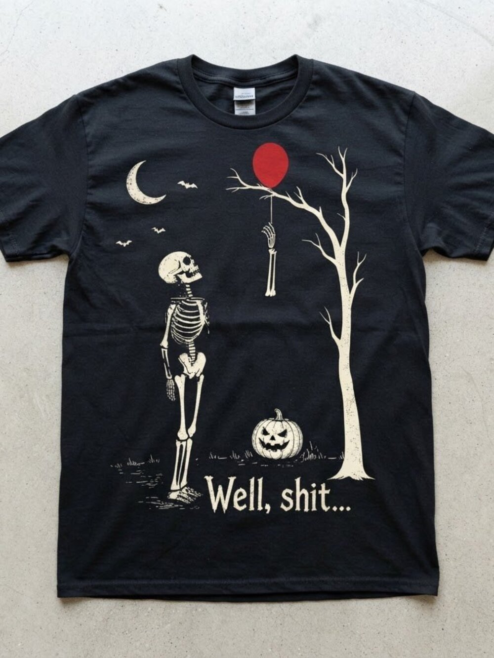 Skeleton Lost Red Balloon Well Shit Funny Halloween Dark Humor Black T-Shirt